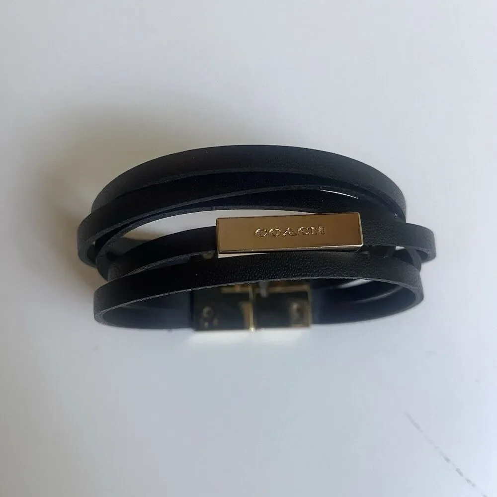 COACH Black Multi-Wrap Leather Bracelet Gold-Tone Hardware Band Bangle Jewelry